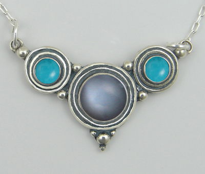 Sterling Silver Necklace Grey Moonstone And Turquoise